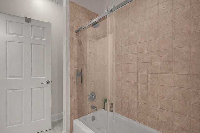 2443 Shepherd Ct, Powell, OH 43065 - bathroom featuring marble look tile flooring, bath / shower combo with glass door, and baseboards