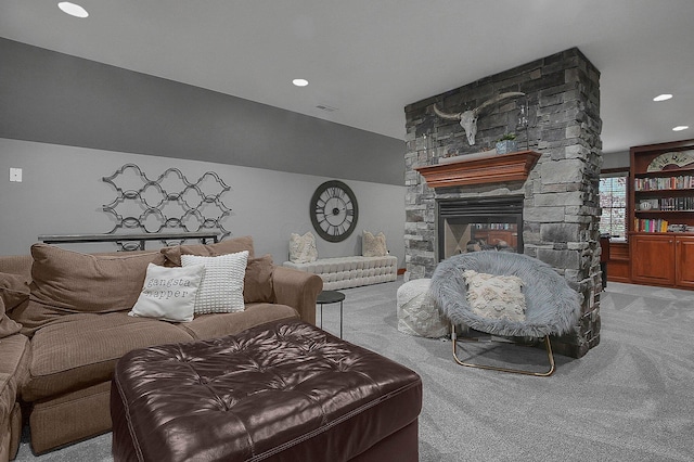 2443 Shepherd Ct, Powell, OH 43065 - living area featuring light colored carpet, a fireplace, and recessed lighting
