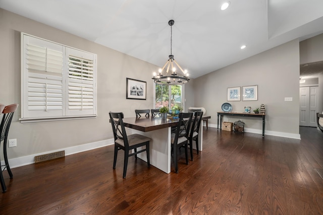 dining room featuring visible vents, a notable chandelier, dark wood-style floors, lofted ceiling, and recessed lighting