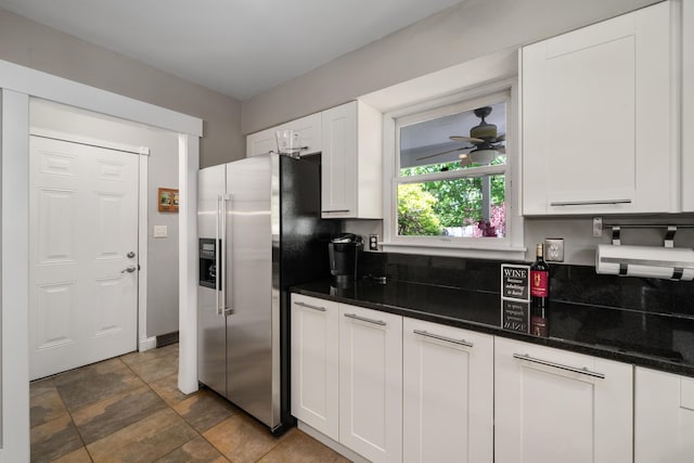 kitchen with white cabinets, a ceiling fan, and high quality fridge