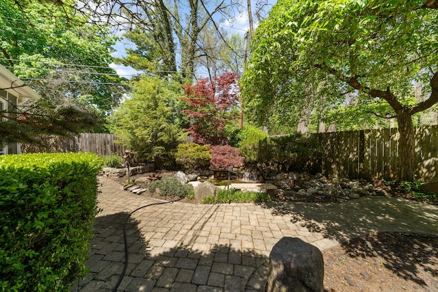 view of yard with fence and a patio area