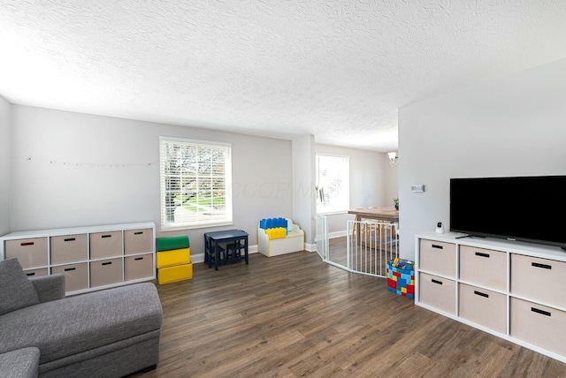 living area with baseboards, wood finished floors, a notable chandelier, and a textured ceiling