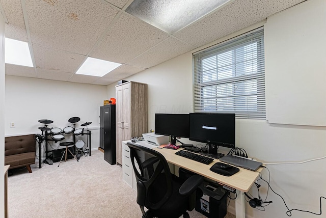 office area with carpet and a drop ceiling