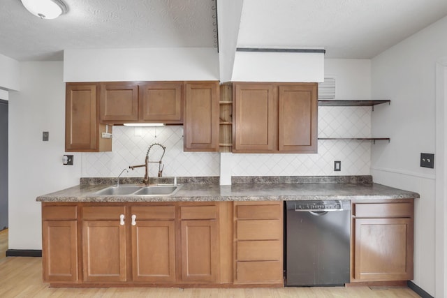 kitchen with a sink, dark countertops, open shelves, and dishwasher
