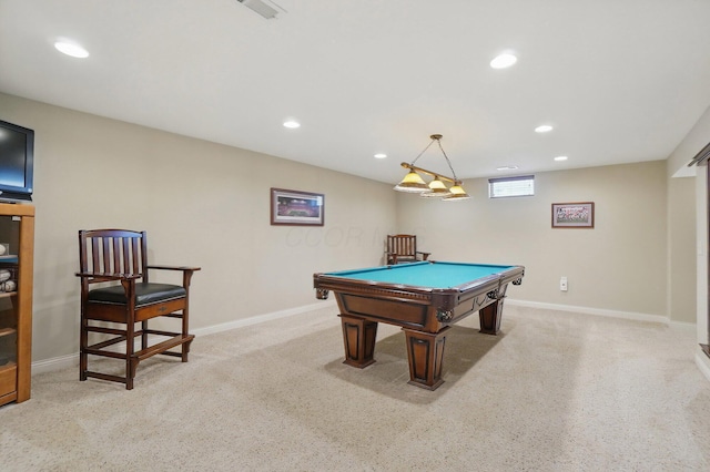 game room featuring recessed lighting, baseboards, and billiards