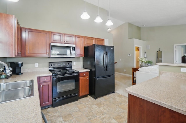 kitchen with light countertops, high vaulted ceiling, a sink, and black appliances