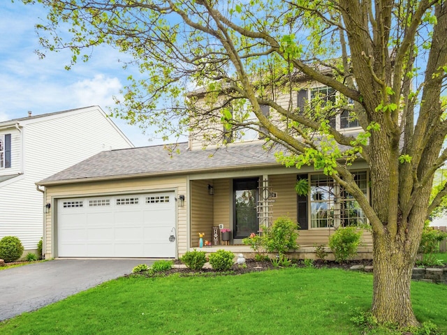 traditional-style house featuring a front lawn, covered porch, driveway, roof with shingles, and an attached garage