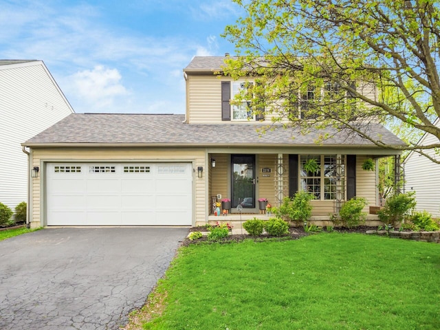 traditional-style home with a front lawn, a garage, covered porch, driveway, and roof with shingles