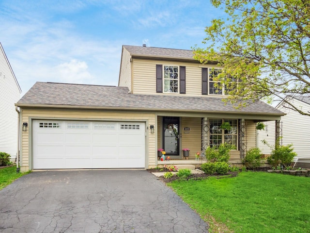 traditional home with a porch, aphalt driveway, a shingled roof, a garage, and a front yard