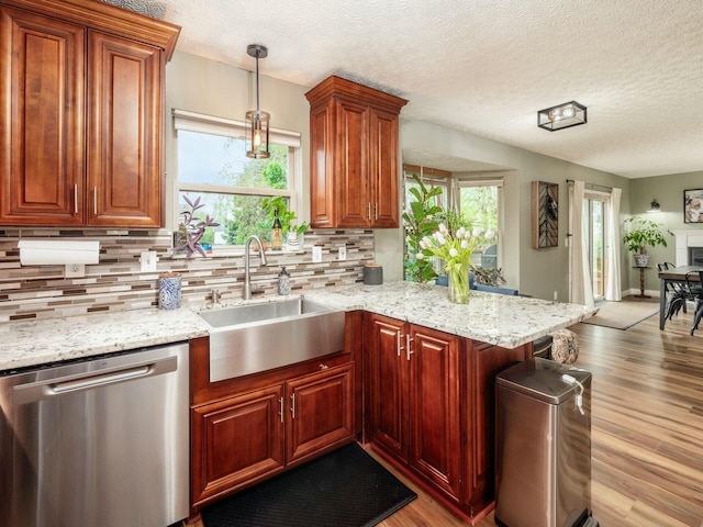 kitchen featuring decorative backsplash, wood finished floors, dishwasher, and a sink