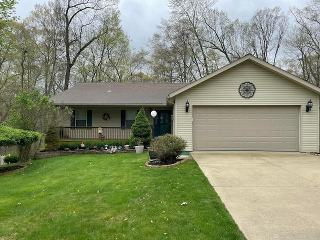 ranch-style home with a porch, a front lawn, driveway, and an attached garage