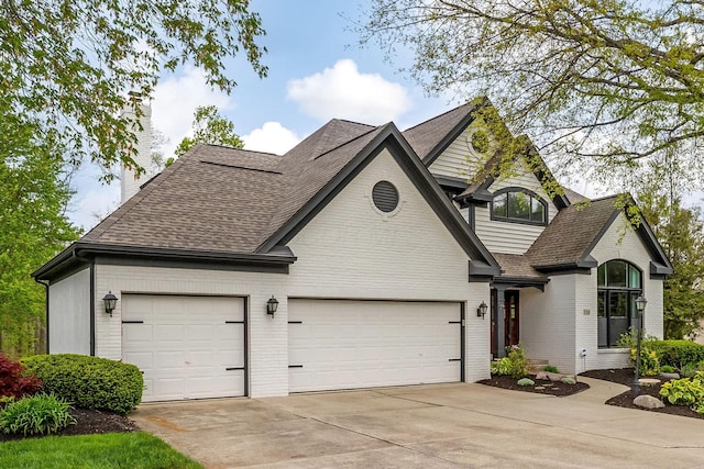 view of front of property featuring roof with shingles, an attached garage, driveway, and brick siding