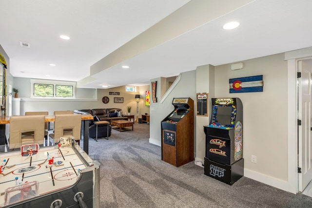 game room featuring baseboards, carpet, recessed lighting, and visible vents