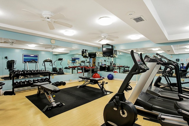 1000 Urlin Ave Unit 1407, Columbus, OH 43212 - exercise room with visible vents, a ceiling fan, and wood finished floors