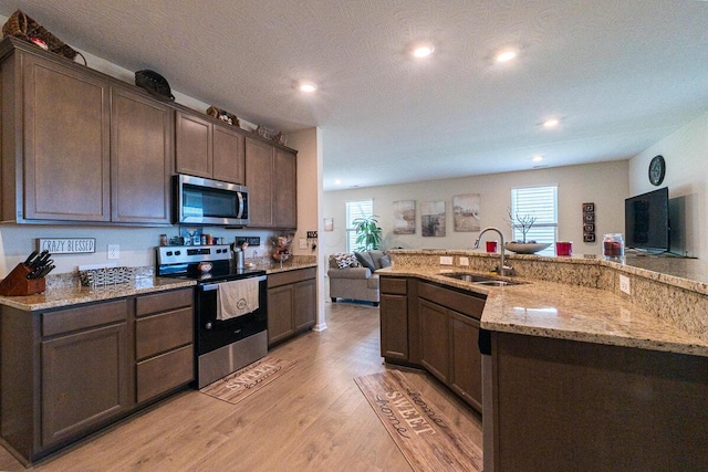 kitchen featuring appliances with stainless steel finishes, a healthy amount of sunlight, a sink, and light wood-style floors