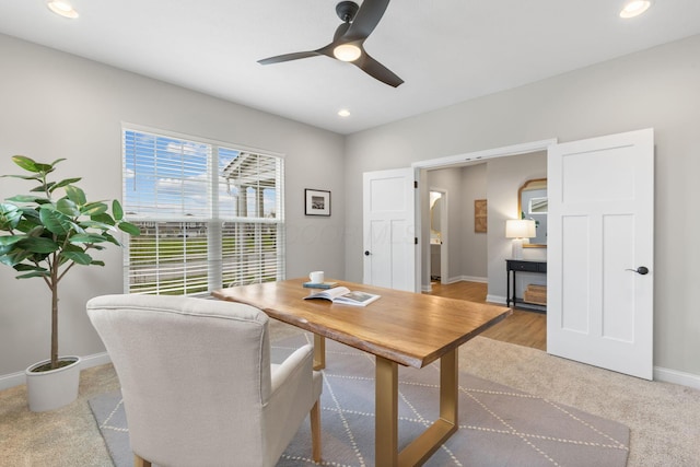 office with carpet flooring, recessed lighting, ceiling fan, and baseboards
