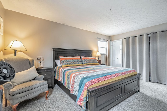 bedroom with carpet floors and a textured ceiling