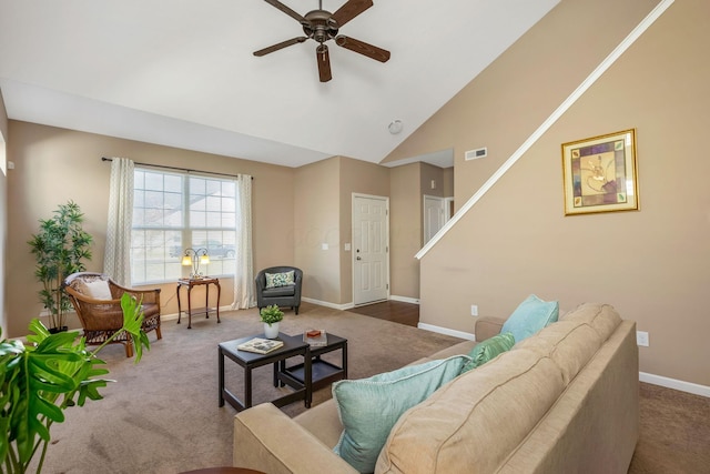 carpeted living area with baseboards, a ceiling fan, high vaulted ceiling, and visible vents