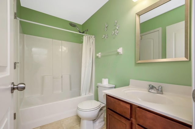 full bath with vanity, shower / bathtub combination with curtain, tile patterned flooring, and toilet