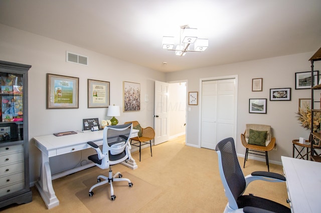 301 John St, Belpre, OH 45714 - office area with an inviting chandelier, baseboards, light colored carpet, and visible vents