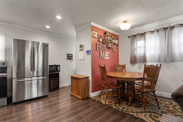 dining area with recessed lighting, baseboards, ornamental molding, and dark wood-type flooring