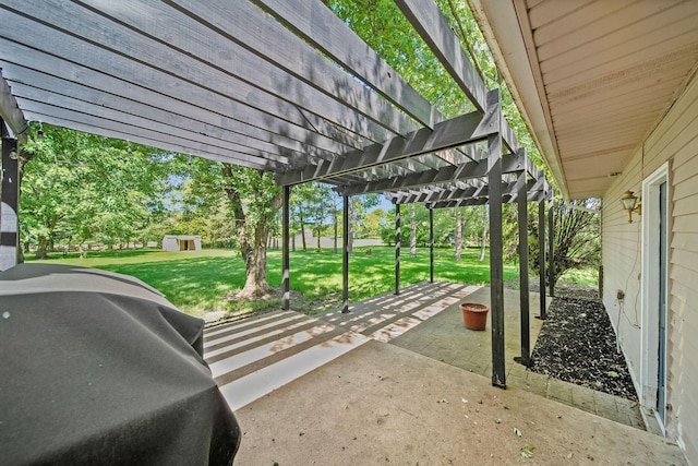 4959 Hughes Rd, Prospect, OH 43342 - view of patio featuring a pergola, an outbuilding, and a grill