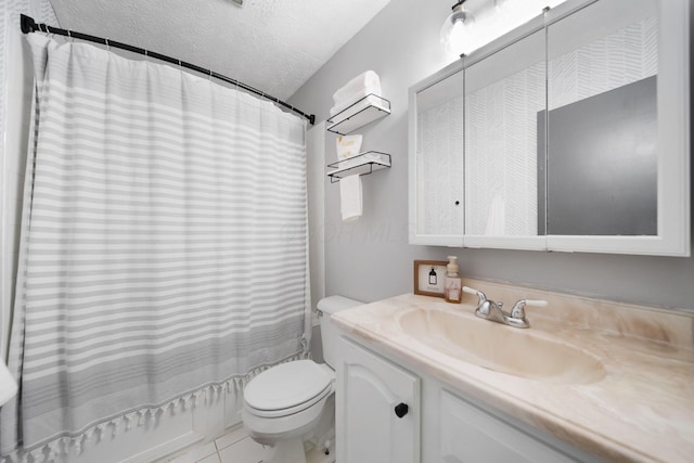 4959 Hughes Rd, Prospect, OH 43342 - bathroom featuring vanity, toilet, shower / tub combo, a textured ceiling, and tile patterned flooring