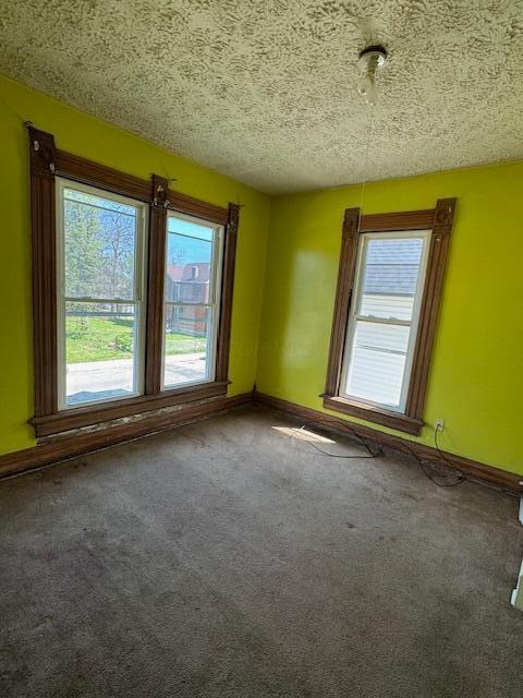 spare room featuring a wealth of natural light, a textured ceiling, and carpet