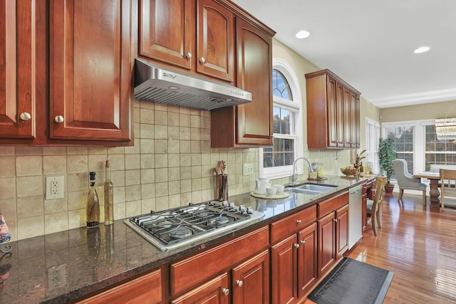 kitchen featuring a sink, appliances with stainless steel finishes, under cabinet range hood, and a wealth of natural light