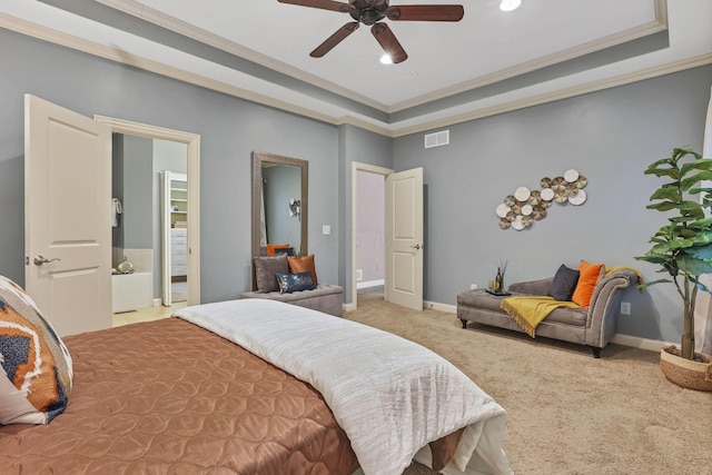 bedroom featuring a ceiling fan, visible vents, light colored carpet, baseboards, and ornamental molding