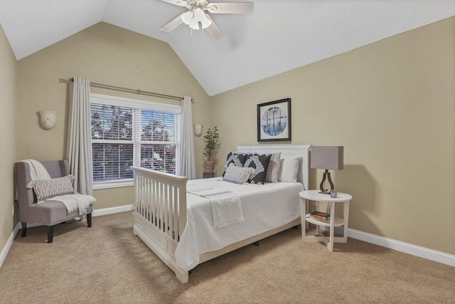 bedroom with baseboards, carpet flooring, and vaulted ceiling