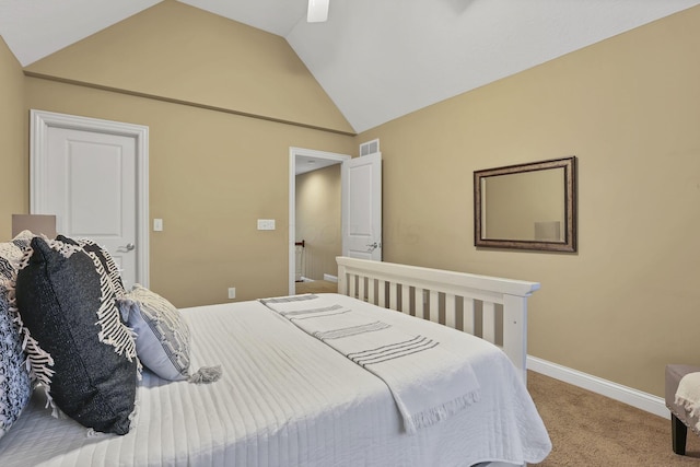 bedroom with ceiling fan, carpet, baseboards, vaulted ceiling, and visible vents