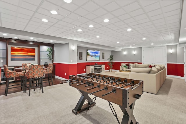 game room with baseboards, carpet flooring, and recessed lighting