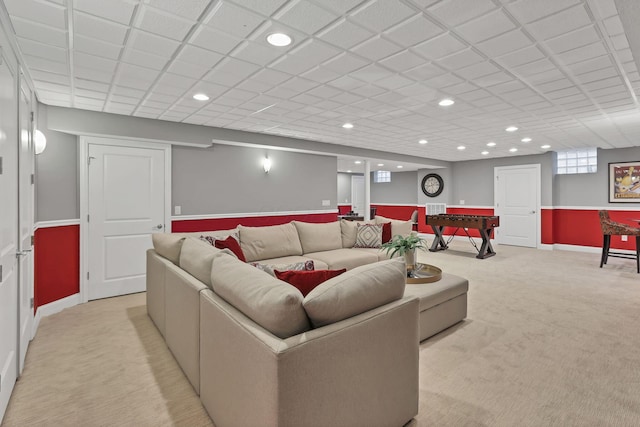 living area featuring recessed lighting, baseboards, light carpet, and billiards