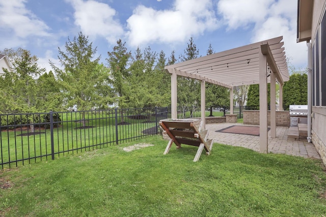 view of yard with a fenced backyard, a patio area, and a pergola