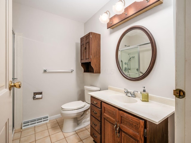 full bath featuring visible vents, vanity, toilet, tile patterned floors, and a stall shower