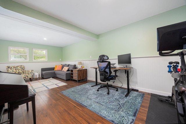 office area featuring wainscoting and wood finished floors