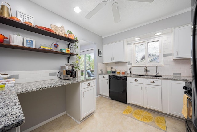 kitchen with open shelves, decorative backsplash, white cabinetry, a sink, and black appliances