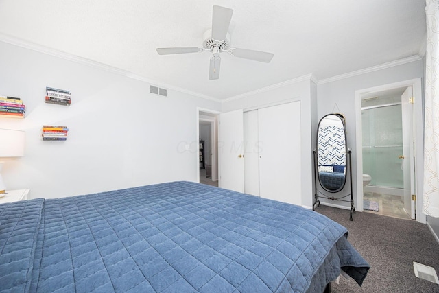 bedroom featuring crown molding, carpet flooring, and visible vents
