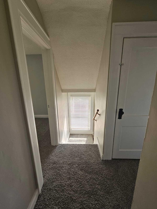corridor featuring baseboards, carpet flooring, and a textured ceiling