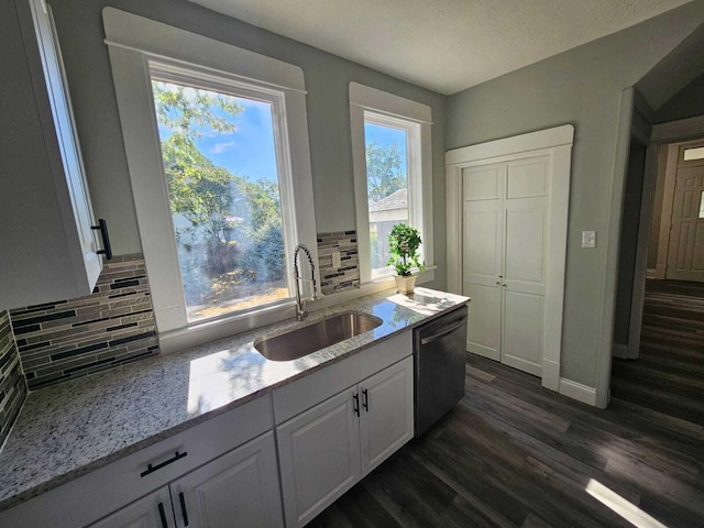 kitchen featuring decorative backsplash, dark wood-style flooring, stainless steel dishwasher, light stone countertops, and a sink