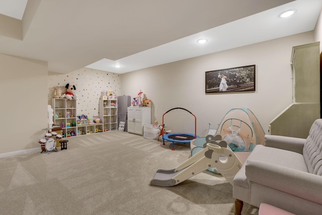 game room with carpet floors, baseboards, and recessed lighting