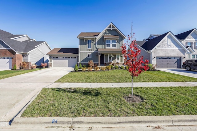 craftsman-style house with a front lawn, a garage, board and batten siding, covered porch, and driveway