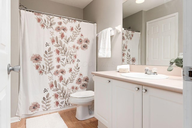 bathroom with vanity, wood finished floors, and toilet