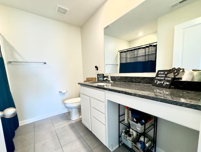 bathroom with toilet, visible vents, tile patterned flooring, and vanity