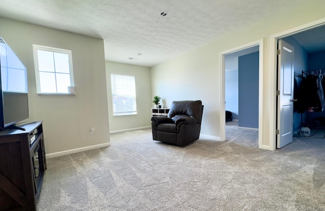 living area with carpet floors, a textured ceiling, and baseboards
