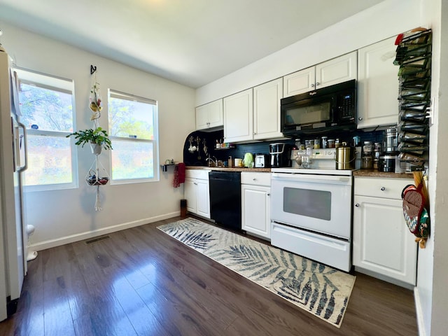 kitchen with backsplash, white cabinetry, black appliances, and dark wood-type flooring