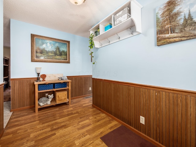 1305 Cooperriders Rd NW, Somerset, OH 43783 - hallway featuring wood finished floors, wood walls, a textured ceiling, and a wainscoted wall