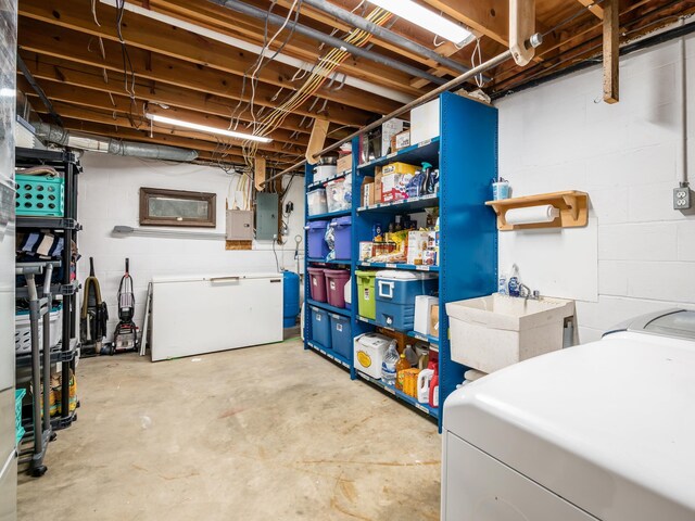 1305 Cooperriders Rd NW, Somerset, OH 43783 - unfinished below grade area featuring separate washer and dryer, a sink, electric panel, and concrete block wall