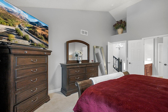 bedroom with visible vents, baseboards, high vaulted ceiling, and light carpet